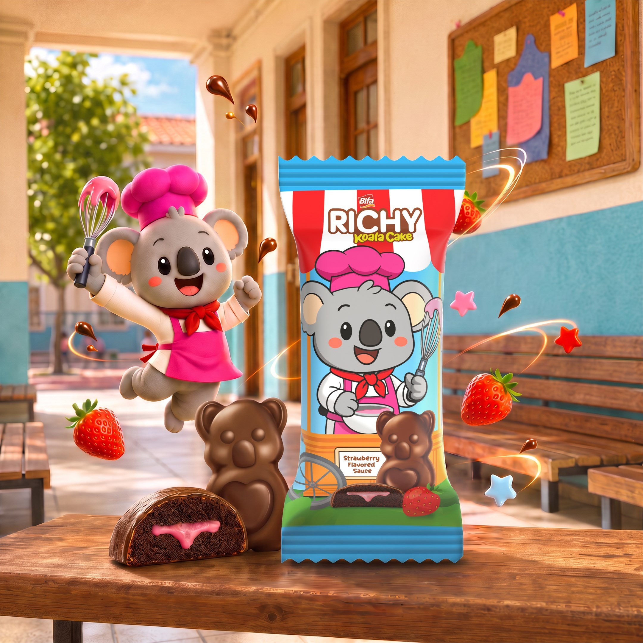 Bifa Richy Kaplamalı Çilekli Sos Dolgulu Kakaolu Kek 55 gr x 24 Adet