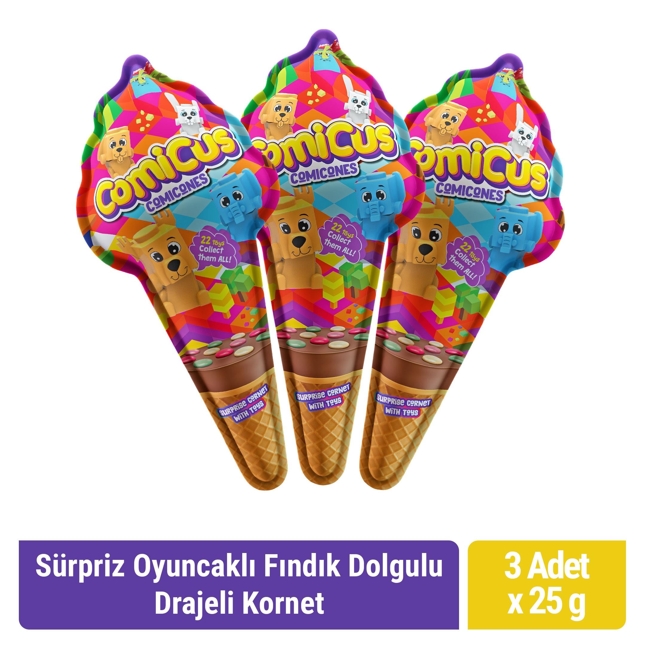 Comicus Süpriz Oyuncaklı Fındık Dolgulu Drajeli Kornet 25gr x 3 adet