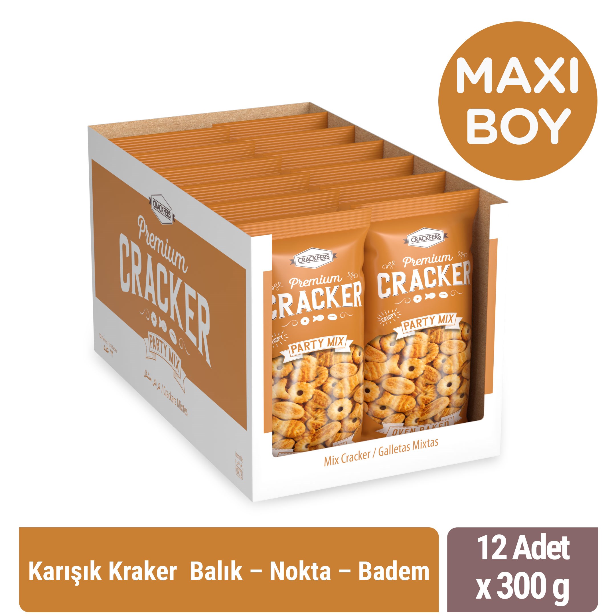Crackfers Mix Maxi Boy Kraker - Balık - Nokta - Badem 300 gr x 12 Adet