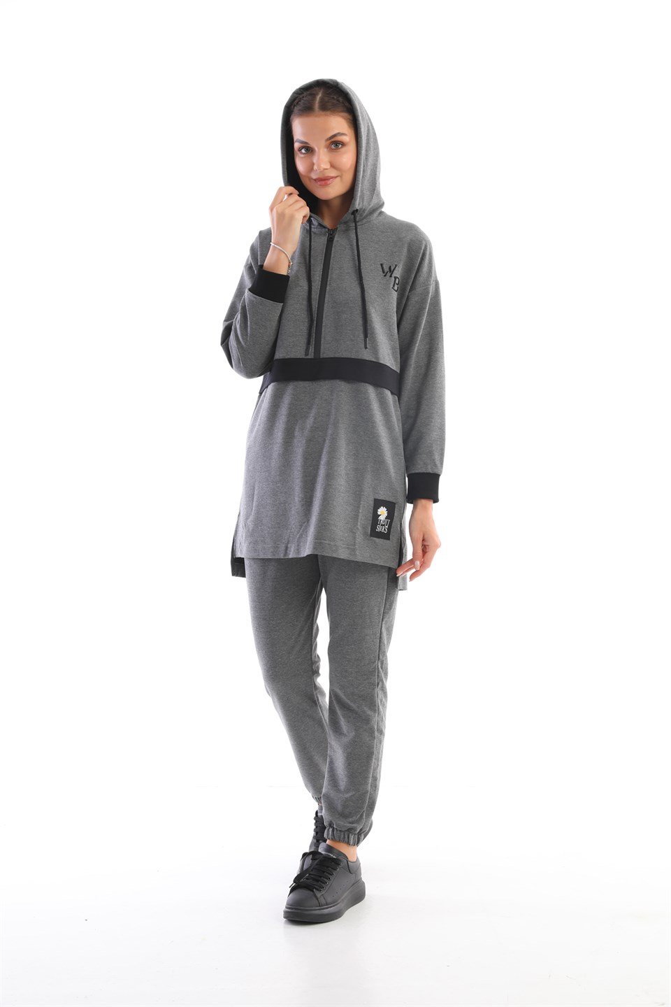610--1-l - Antresit Gri Kadın Kapüşonlu Sweatshirt - Jogger  Spor Takım Eşofman -westbound