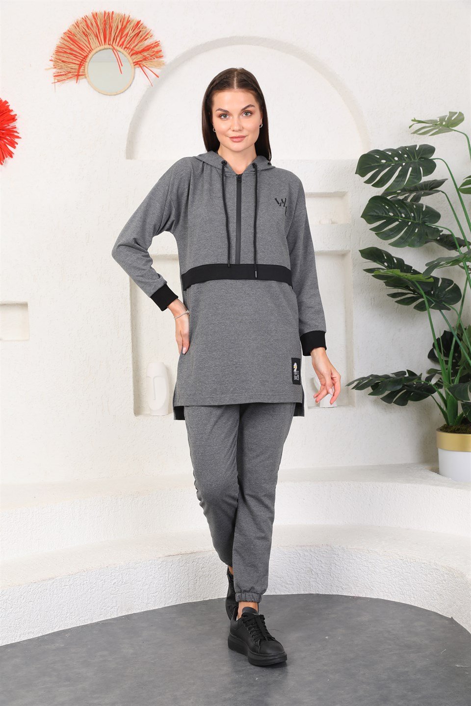 610--1-l - Antresit Gri Kadın Kapüşonlu Sweatshirt - Jogger  Spor Takım Eşofman -westbound