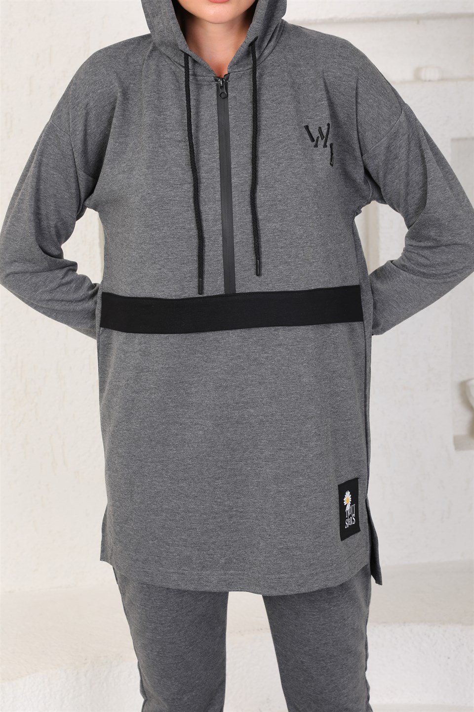 610--1-l - Antresit Gri Kadın Kapüşonlu Sweatshirt - Jogger  Spor Takım Eşofman -westbound