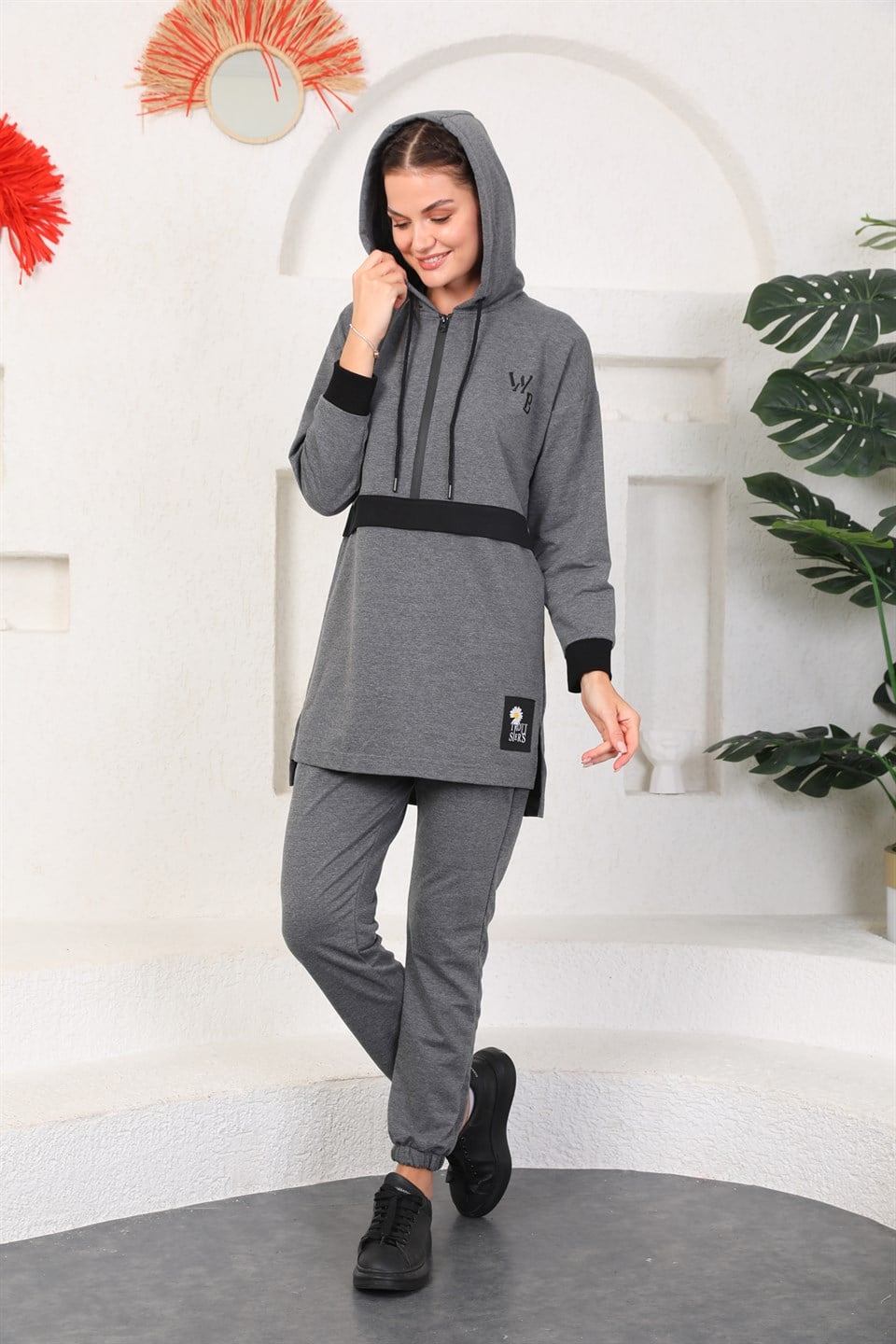 610--1-l - Antresit Gri Kadın Kapüşonlu Sweatshirt - Jogger  Spor Takım Eşofman -westbound