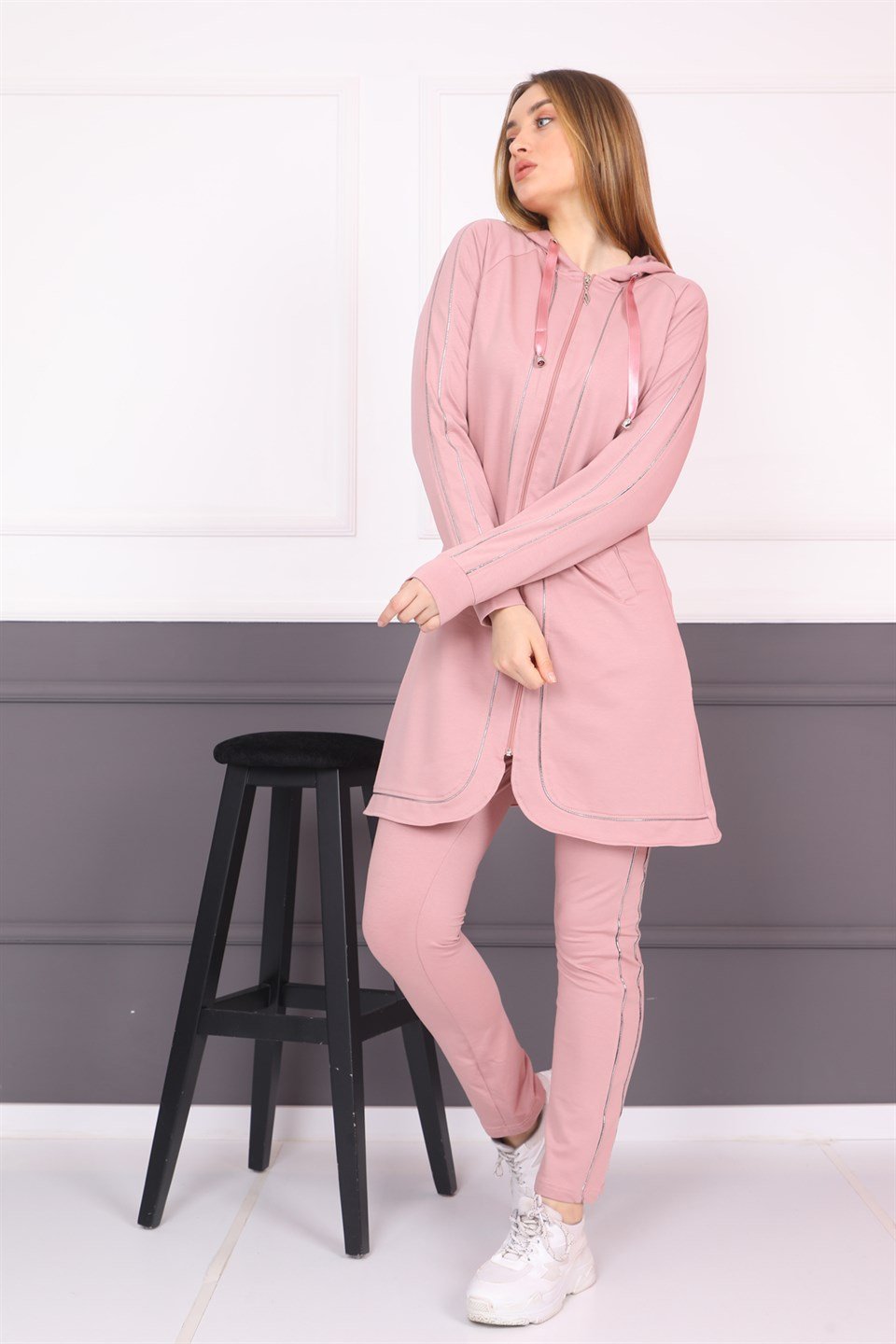 560198079 - Bayan Biyeli Fermuarlı Kapüşonlu Tesettür Eşofman Takımı -westbound