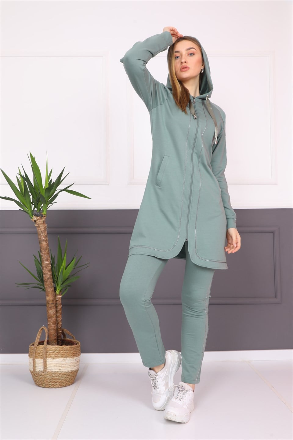 5120862304 - Bayan Biyeli Fermuarlı Kapüşonlu Tesettür Eşofman Takımı -westbound