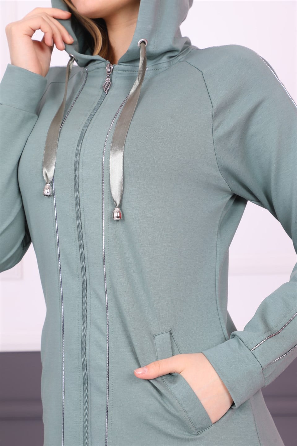 5120862304 - Bayan Biyeli Fermuarlı Kapüşonlu Tesettür Eşofman Takımı -westbound