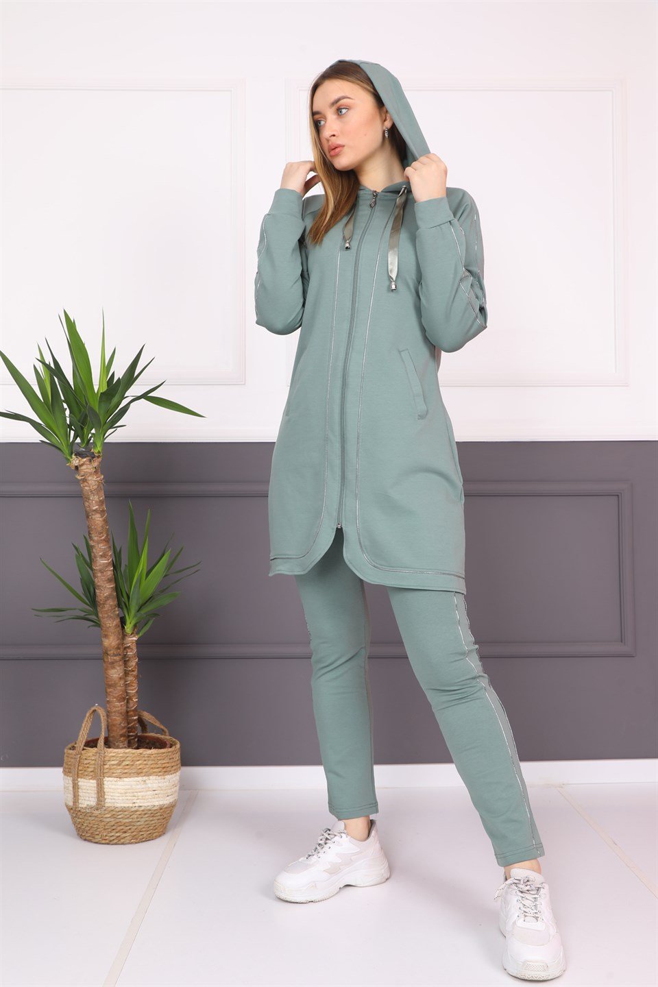 5120862304 - Bayan Biyeli Fermuarlı Kapüşonlu Tesettür Eşofman Takımı -westbound