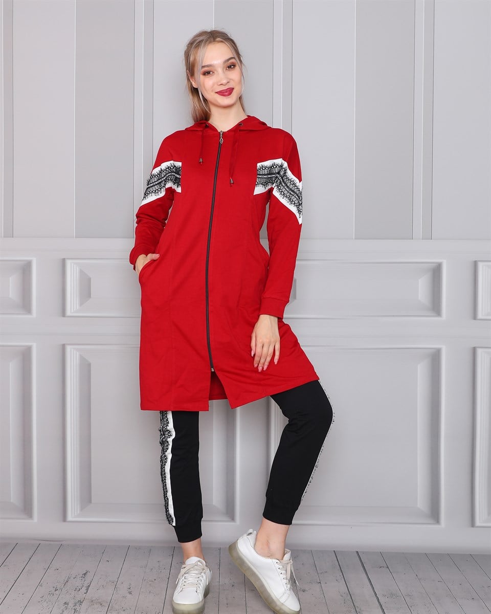 0341012 - Bayan Dantel Detaylı Kapüşonlu Fermuarlı Tesettür Tunik Eşofman Takım -westbound