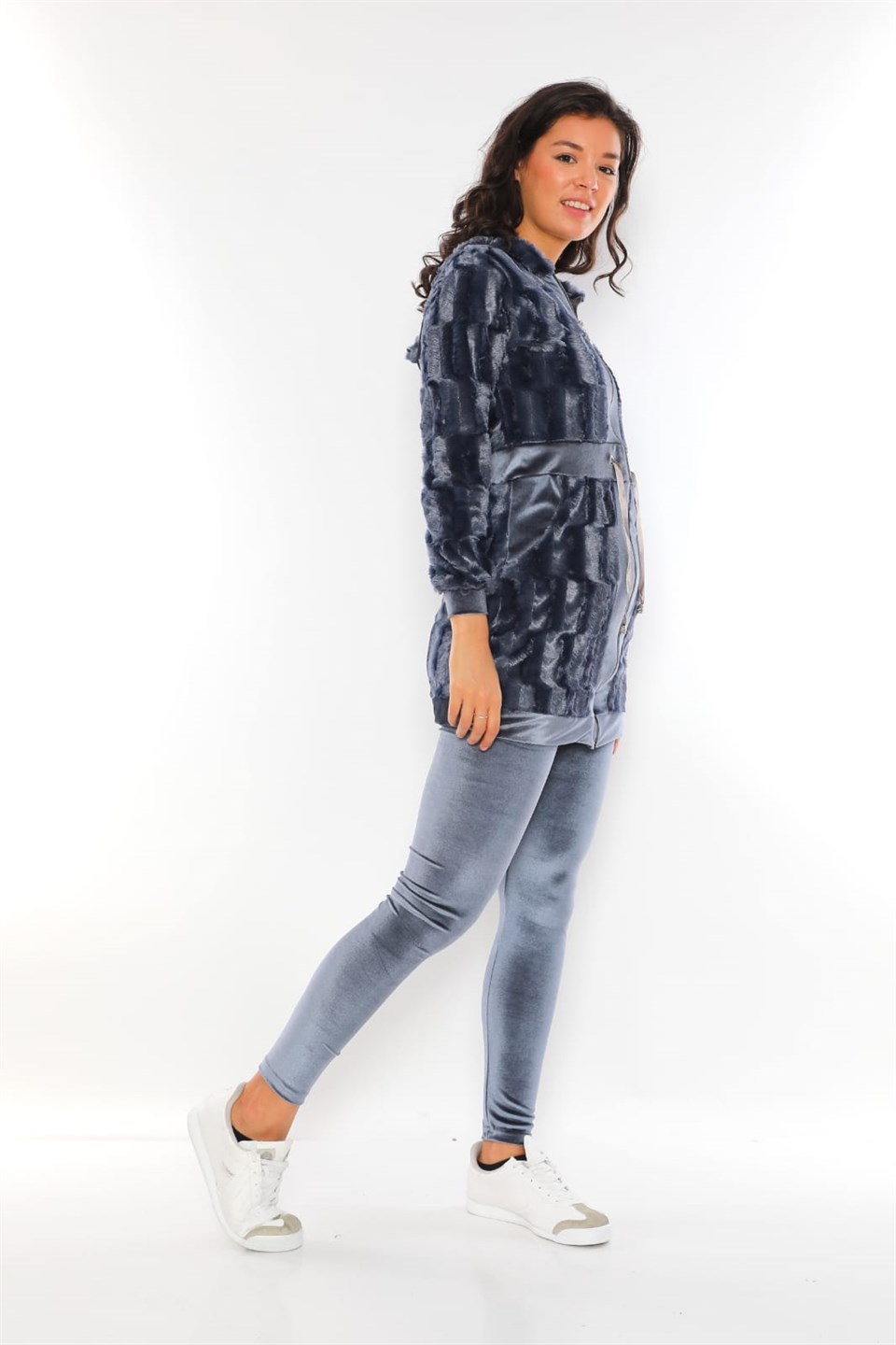 512231588 - Bayan Kadife Peluş Kombinli Kapüşonlu Tunik Taytlı Takım Eşofman -westbound