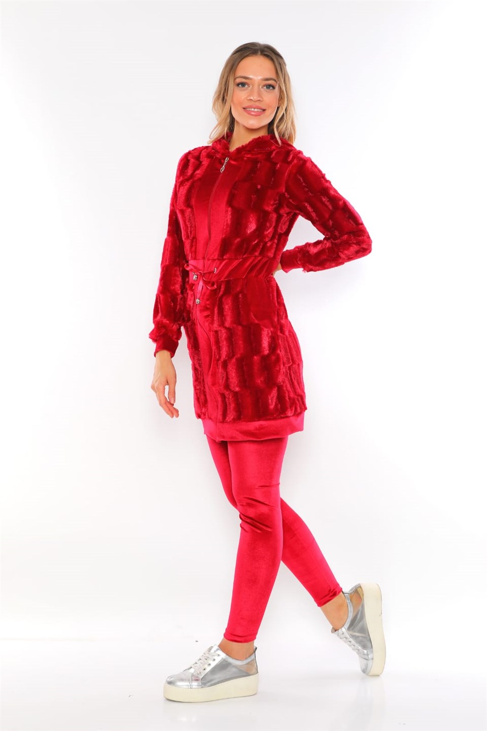 61750891 - Bayan Kadife Peluş Kombinli Kapüşonlu Tunik Taytlı Takım Eşofman -westbound