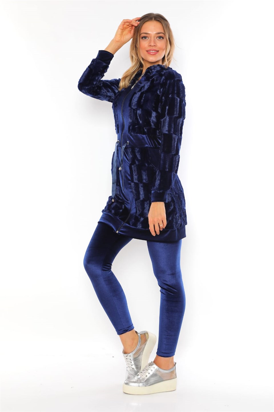 810690501 - Bayan Kadife Peluş Kombinli Kapüşonlu Tunik Taytlı Takım Eşofman -westbound