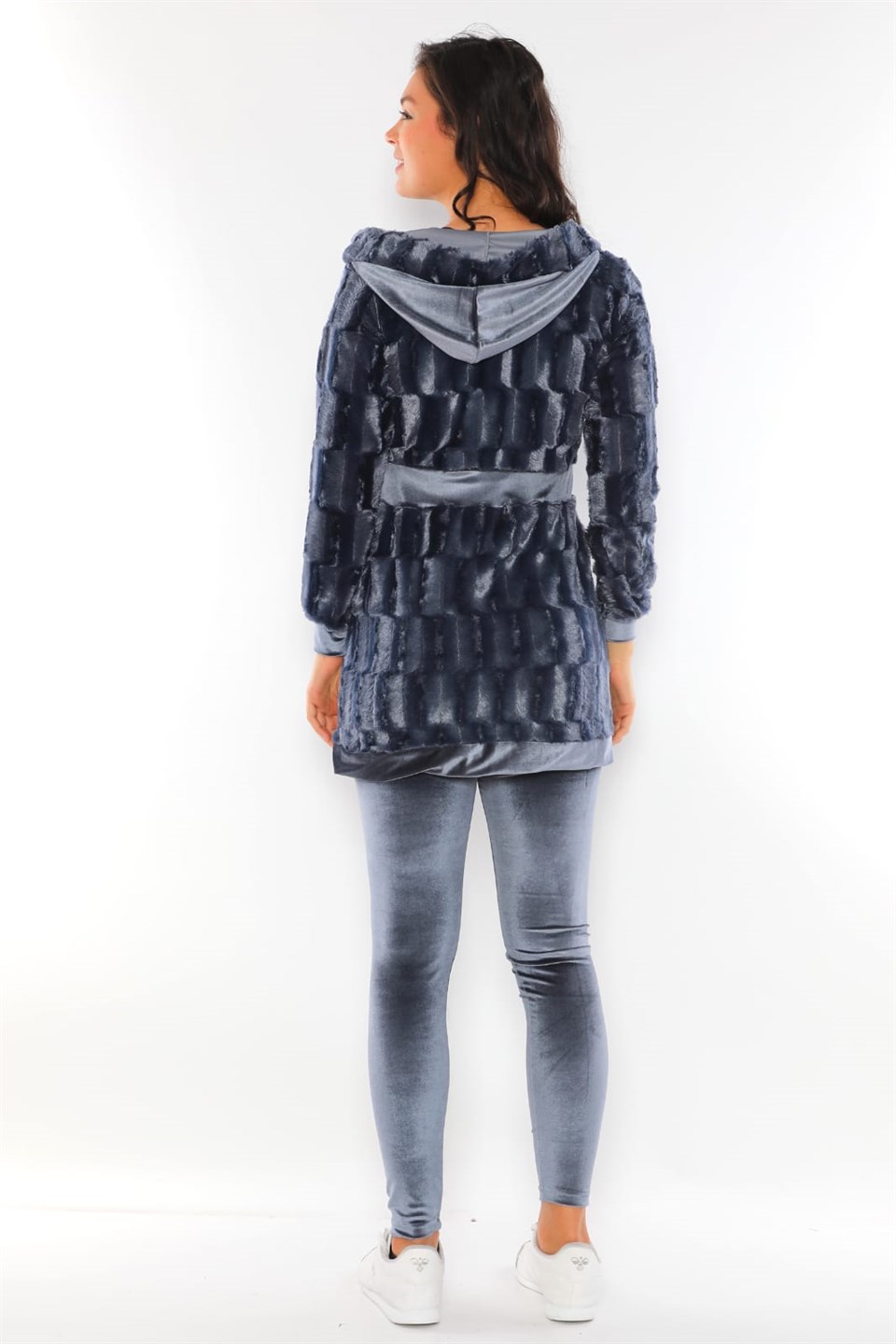 512231588 - Bayan Kadife Peluş Kombinli Kapüşonlu Tunik Taytlı Takım Eşofman -westbound