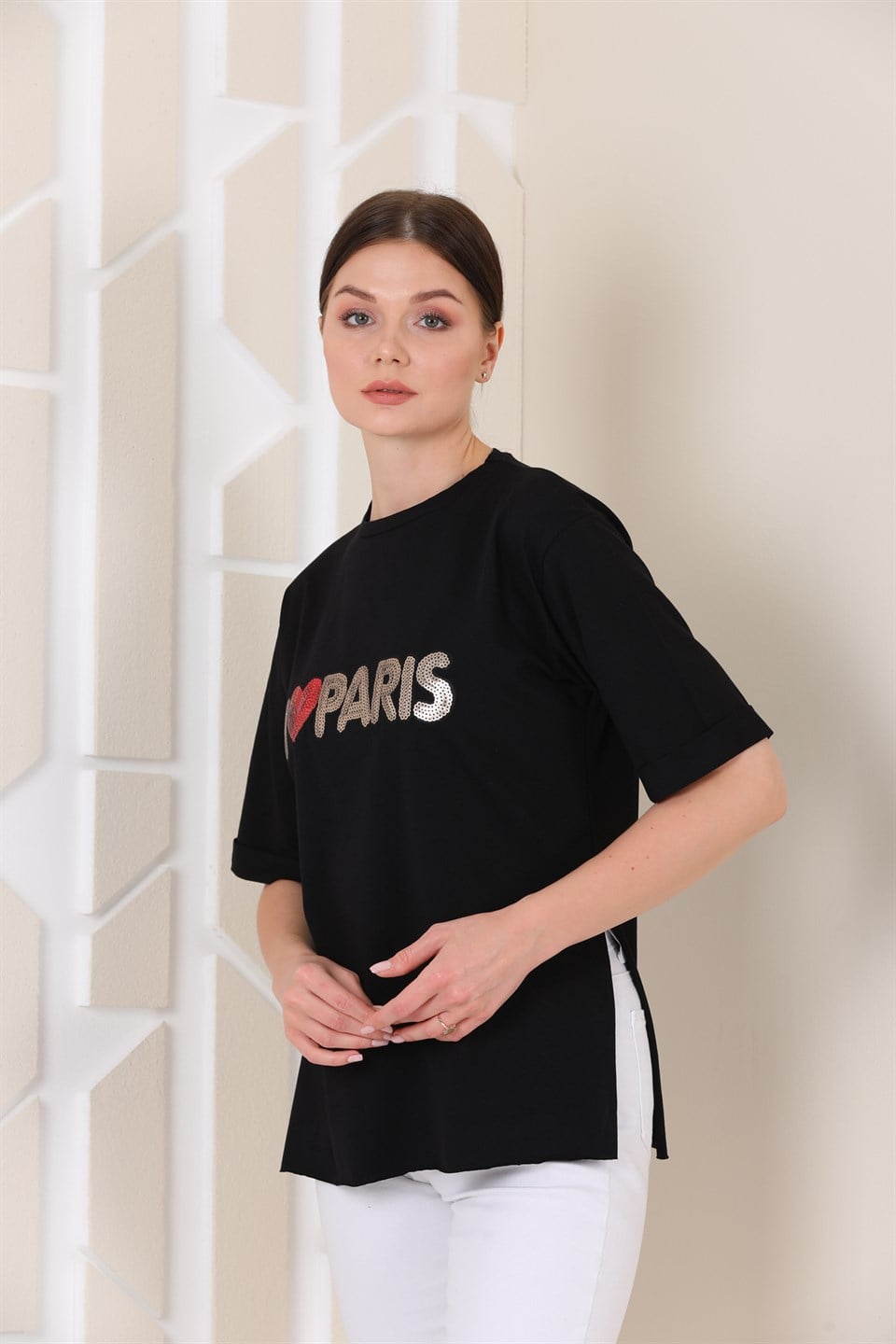 5120653091 - Bayan Oversize Paris Baskılı Yırtmaçlı T-shirt -westbound
