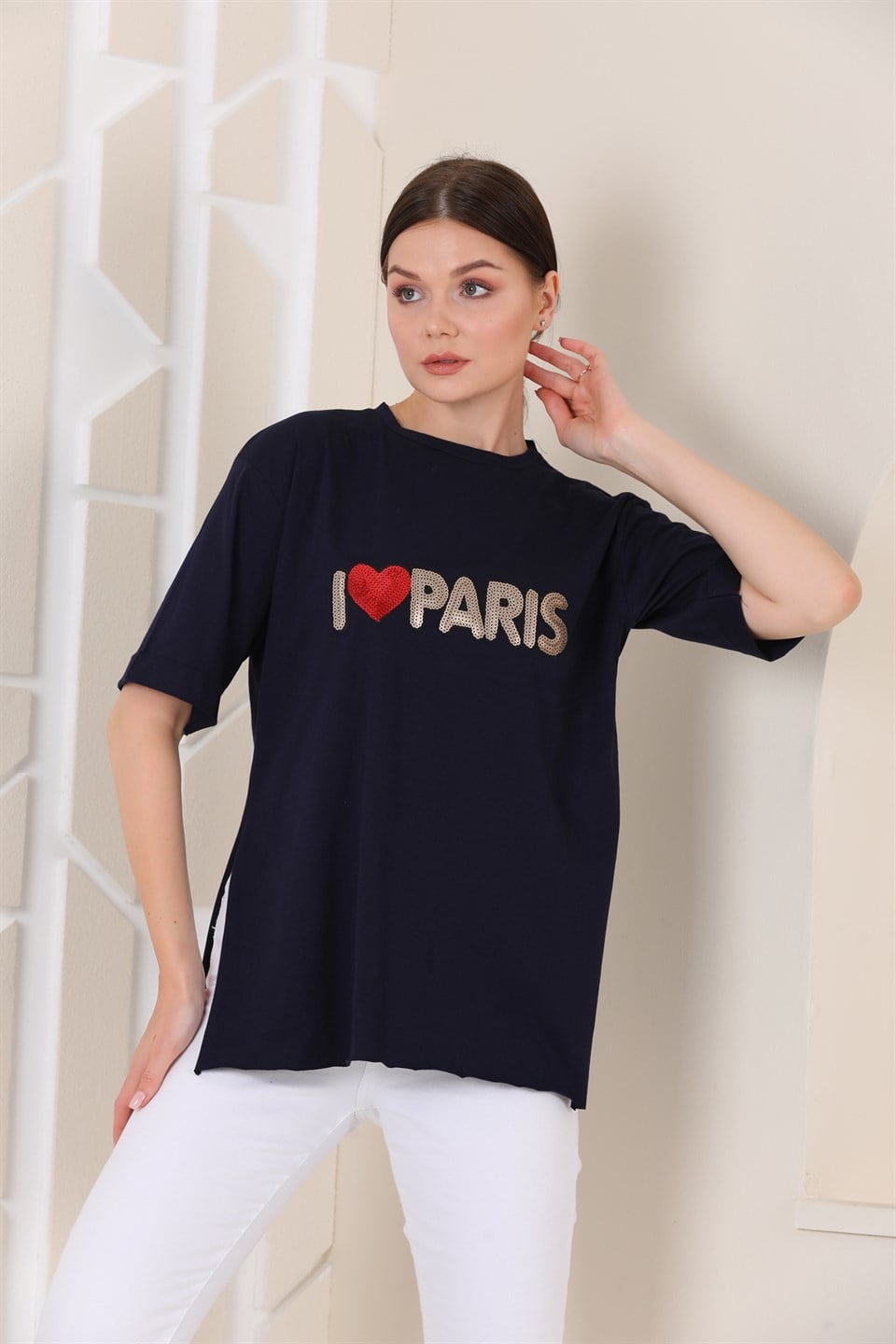 2103766150 - Bayan Oversize Paris Baskılı Yırtmaçlı T-shirt -westbound