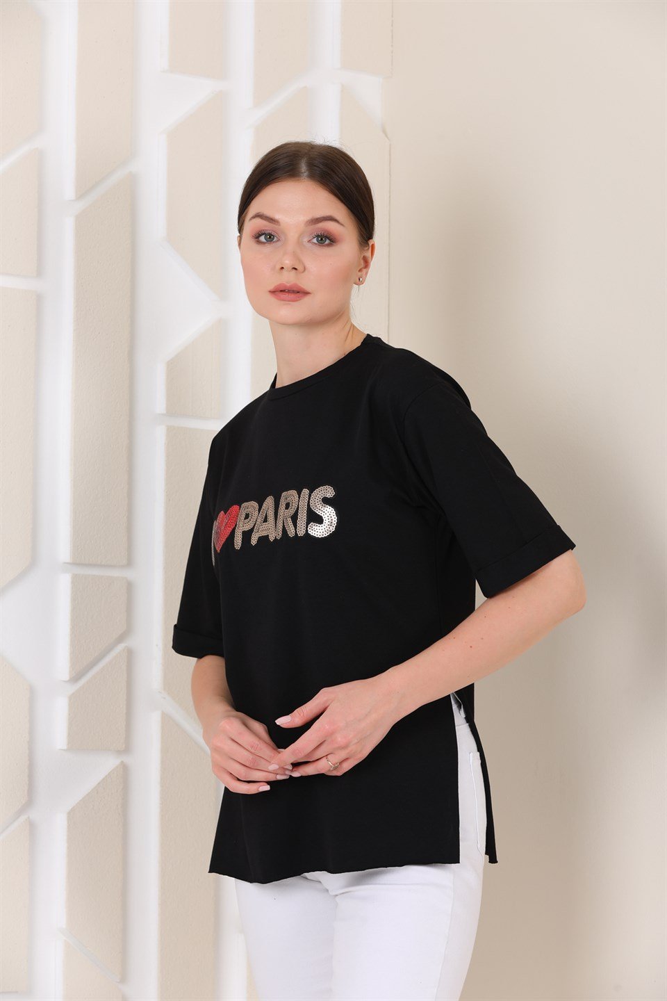 5120653091 - Bayan Oversize Paris Baskılı Yırtmaçlı T-shirt -westbound