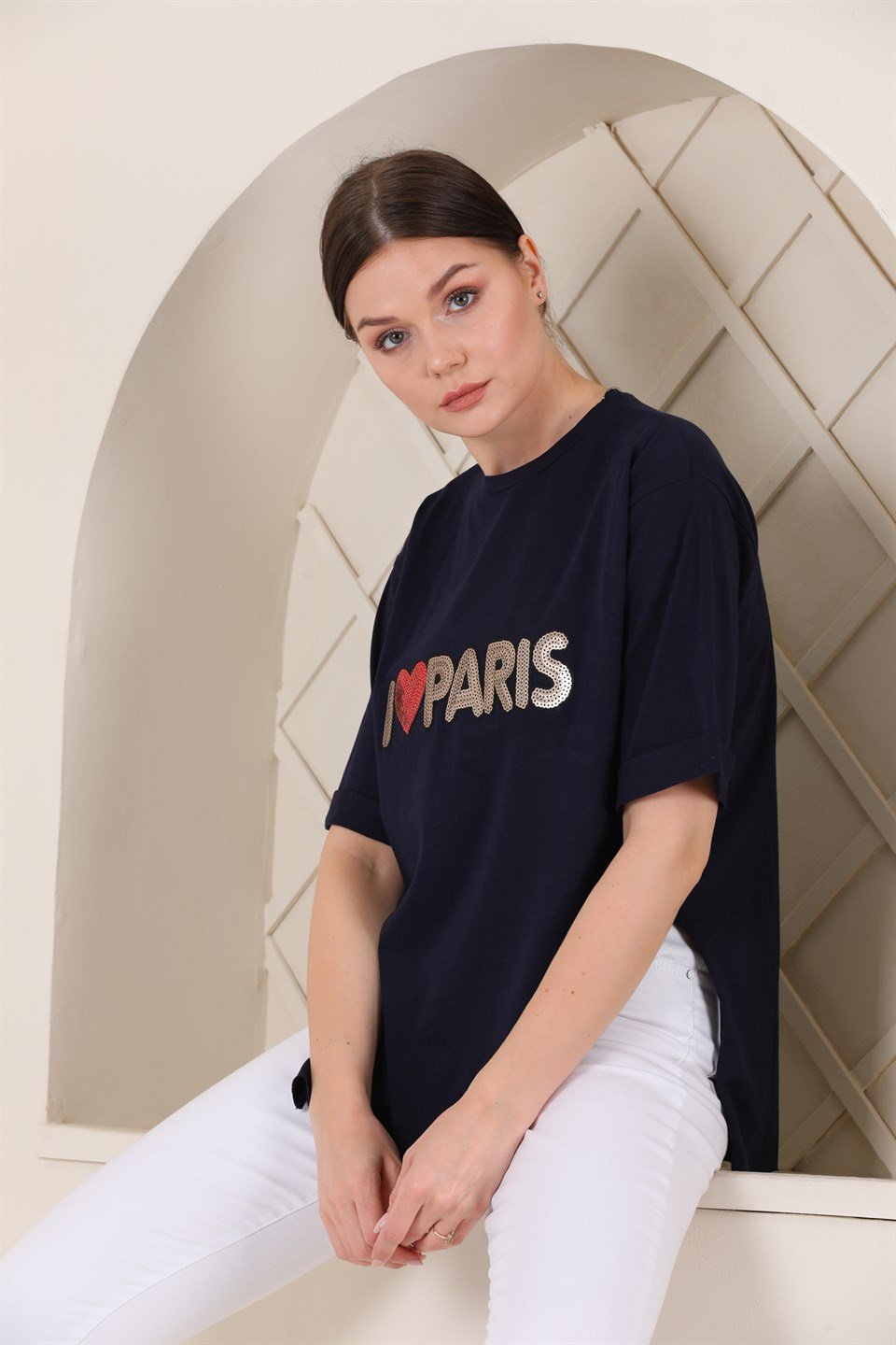 2103766150 - Bayan Oversize Paris Baskılı Yırtmaçlı T-shirt -westbound