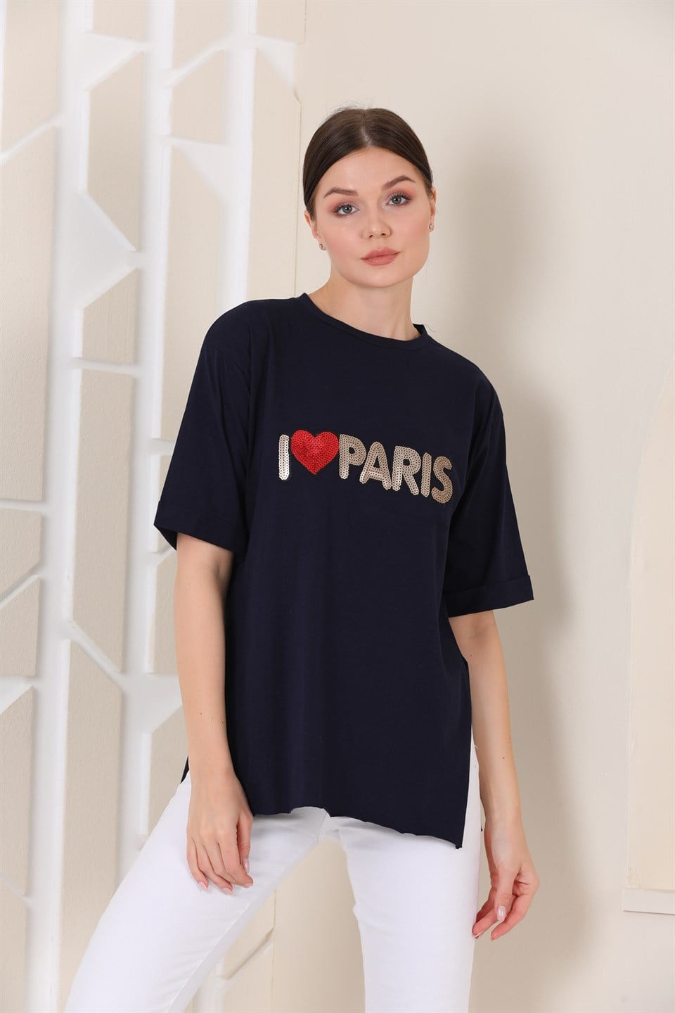 2103766150 - Bayan Oversize Paris Baskılı Yırtmaçlı T-shirt -westbound