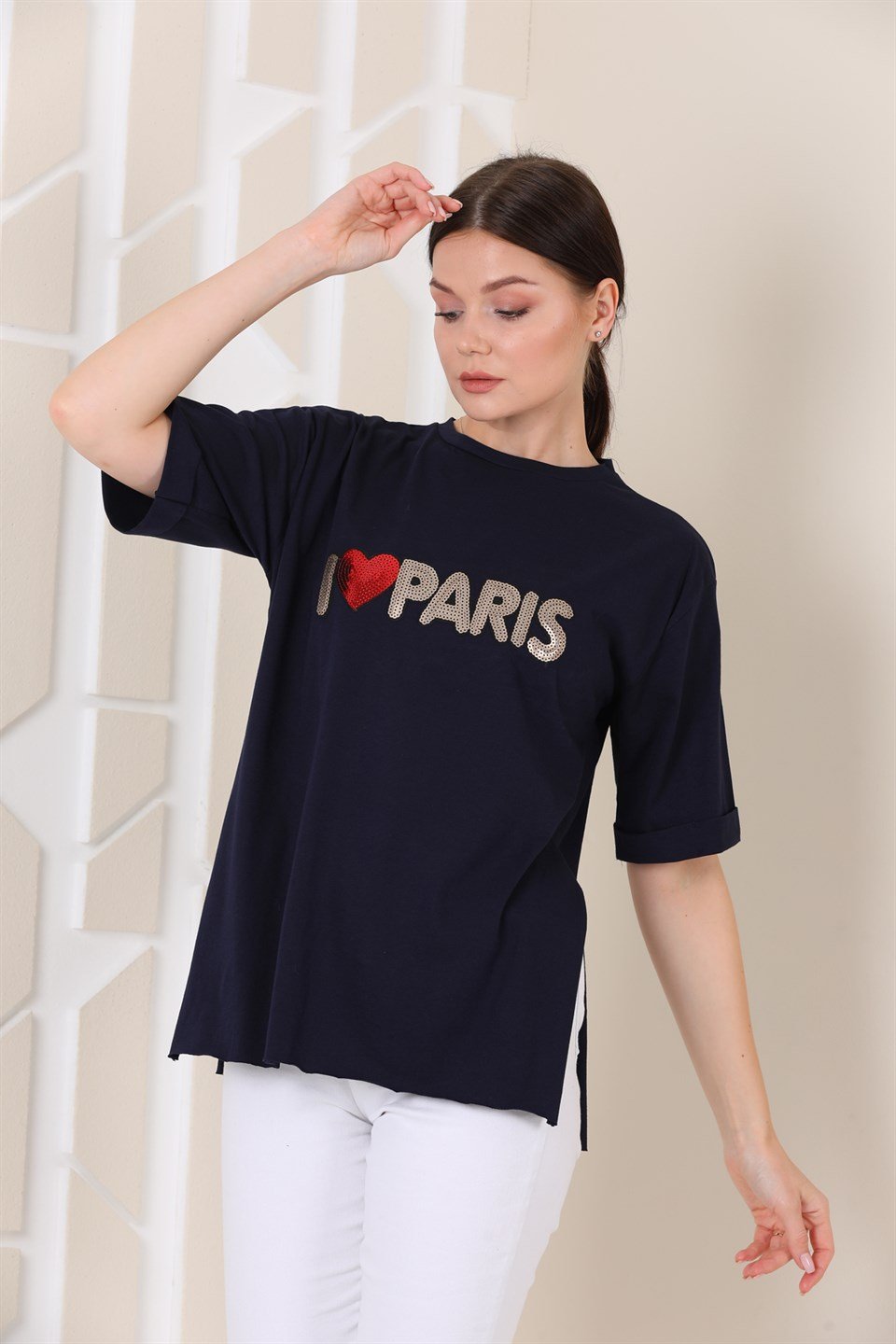 2103766150 - Bayan Oversize Paris Baskılı Yırtmaçlı T-shirt -westbound