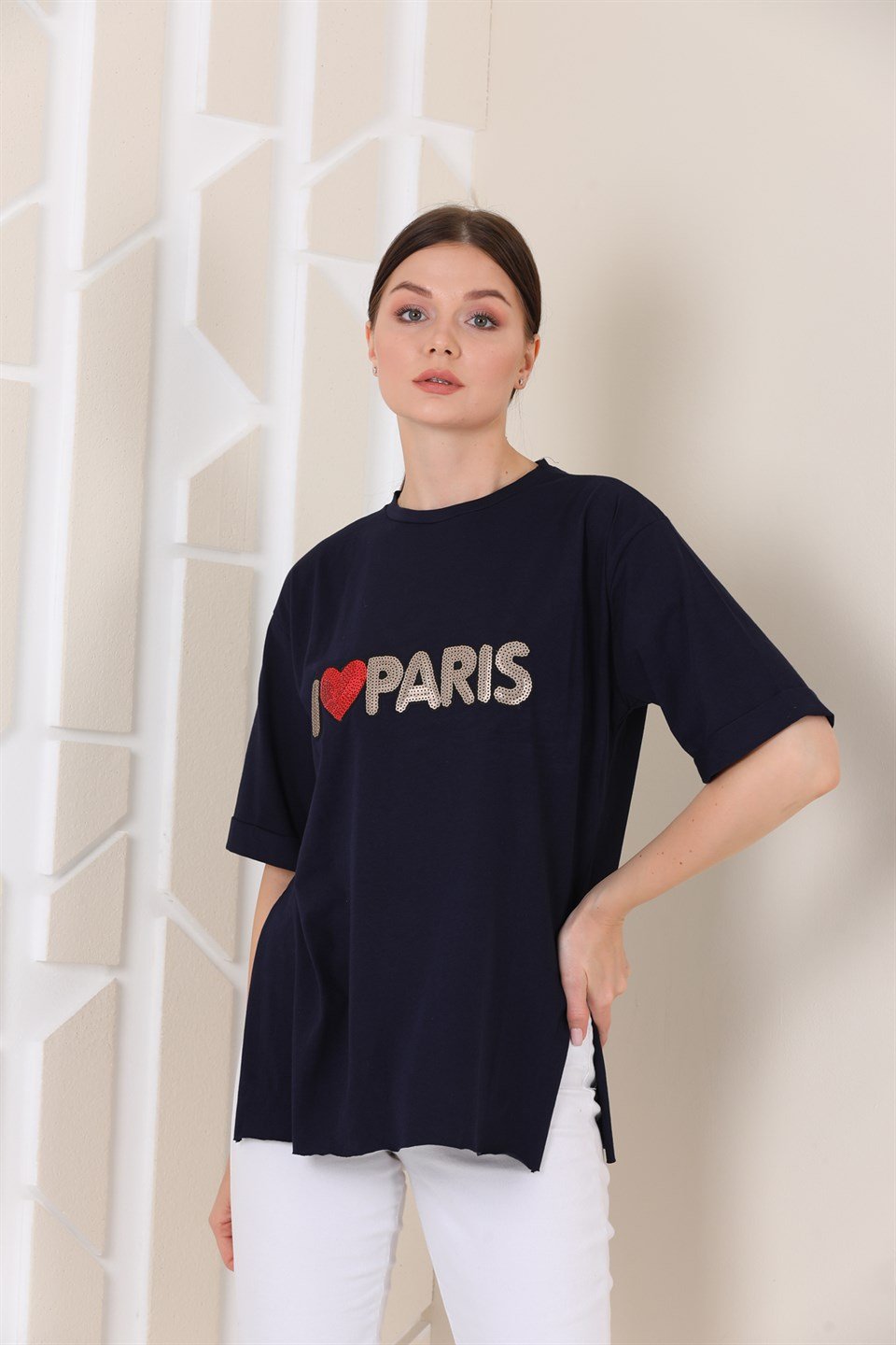 2103766150 - Bayan Oversize Paris Baskılı Yırtmaçlı T-shirt -westbound