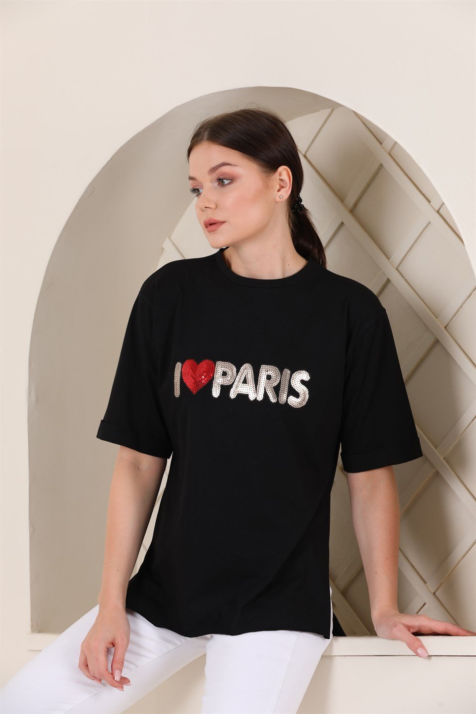 5120653091 - Bayan Oversize Paris Baskılı Yırtmaçlı T-shirt -westbound