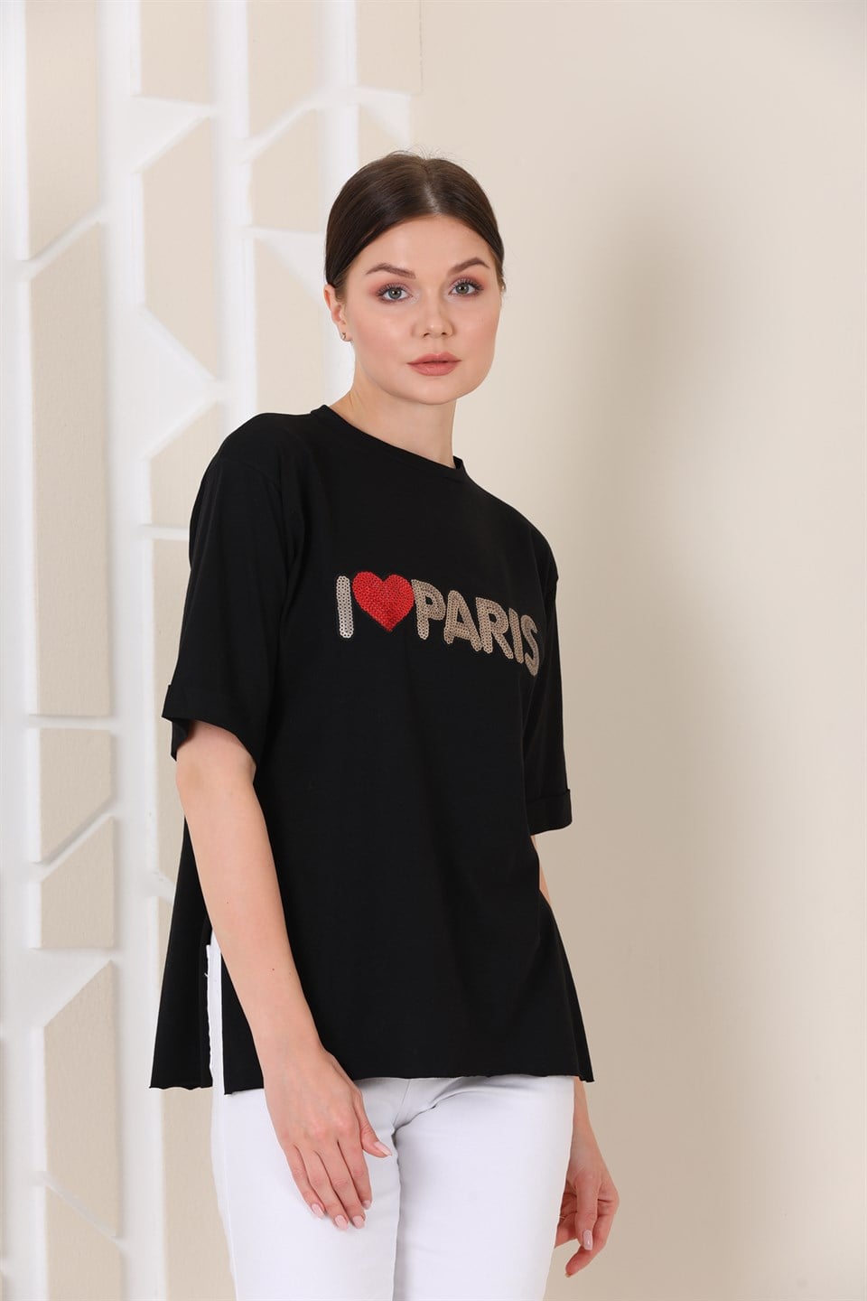 5120653091 - Bayan Oversize Paris Baskılı Yırtmaçlı T-shirt -westbound