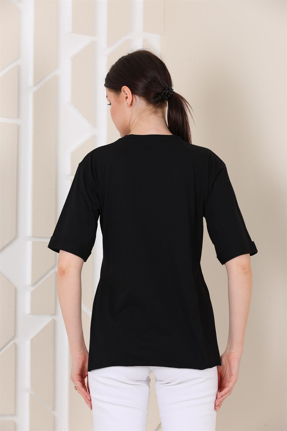 5120653091 - Bayan Oversize Paris Baskılı Yırtmaçlı T-shirt -westbound