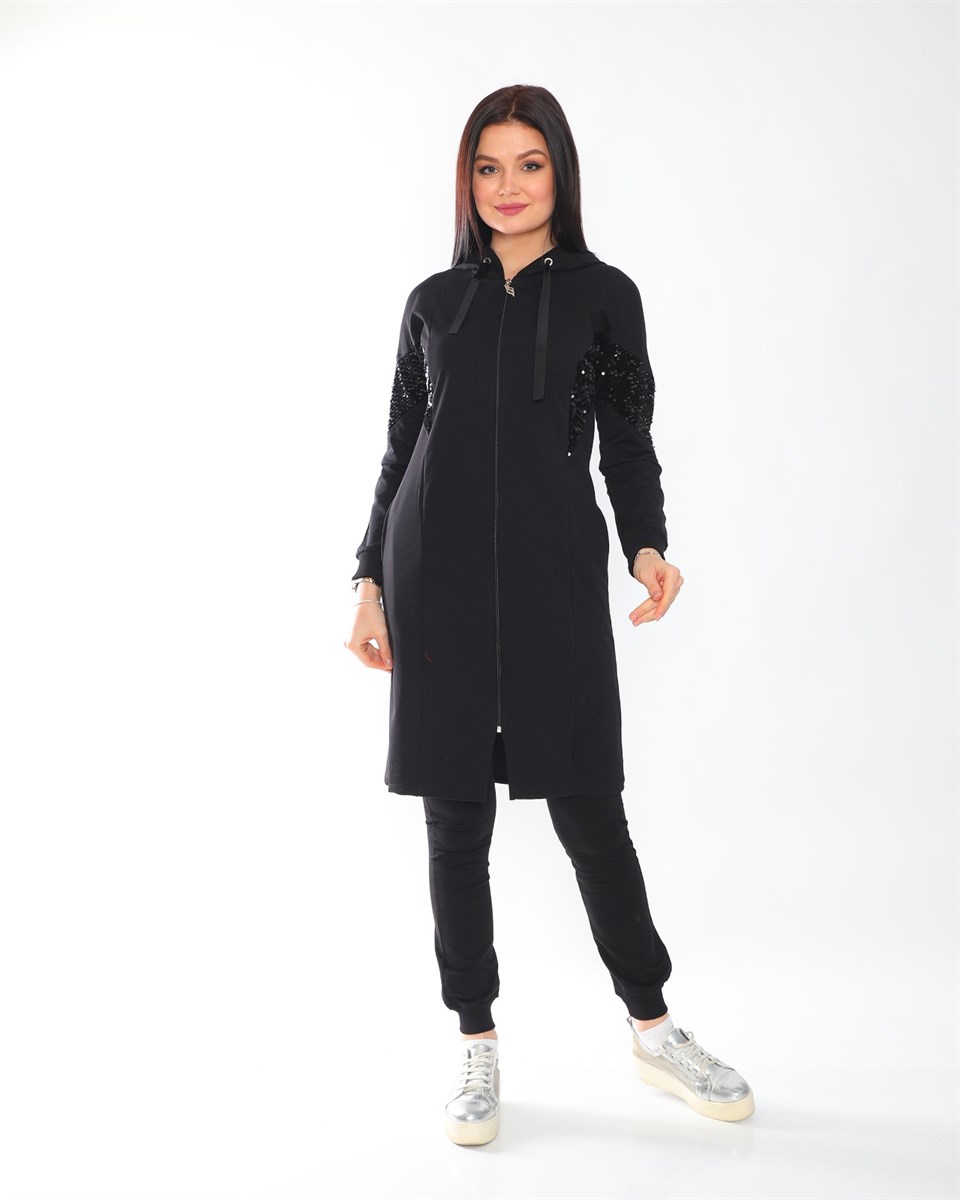 490821970 - Bayan Pul Payet Detaylı Kapüşonlu Fermanlı Tunik Eşofman Takım -westbound