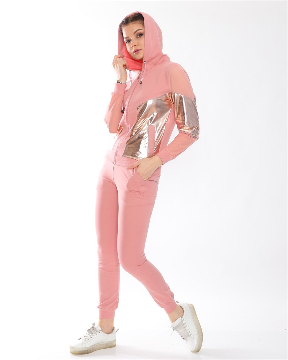 821762009 - Bayan Varak Baskı Ve Tül Detaylı Fermuarlı Kapüşonlu Eşofman Takım -westbound