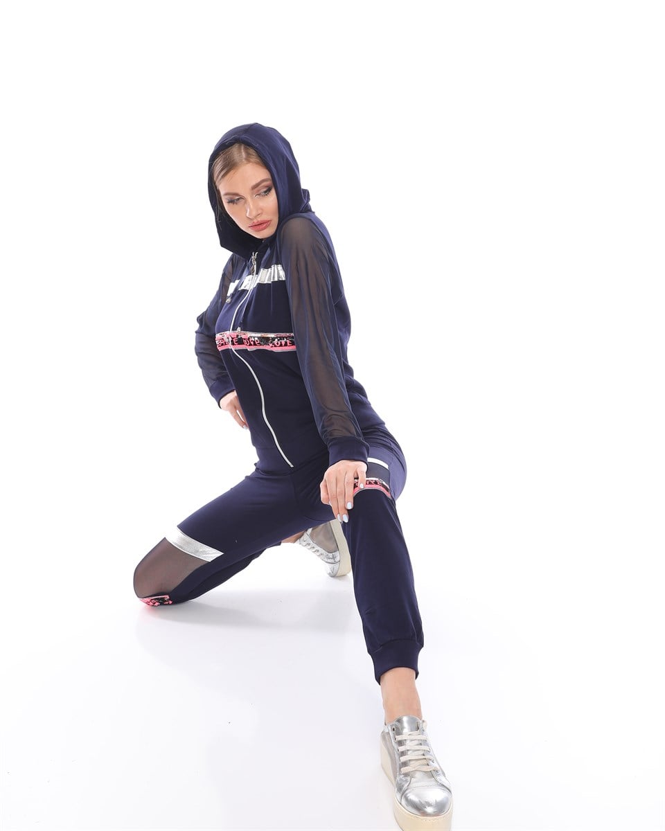 936930127 - Bayan Varak Pul Payet Ve Tül Detaylı kapüşonlu Fermuarlı Eşofman Takım -westbound