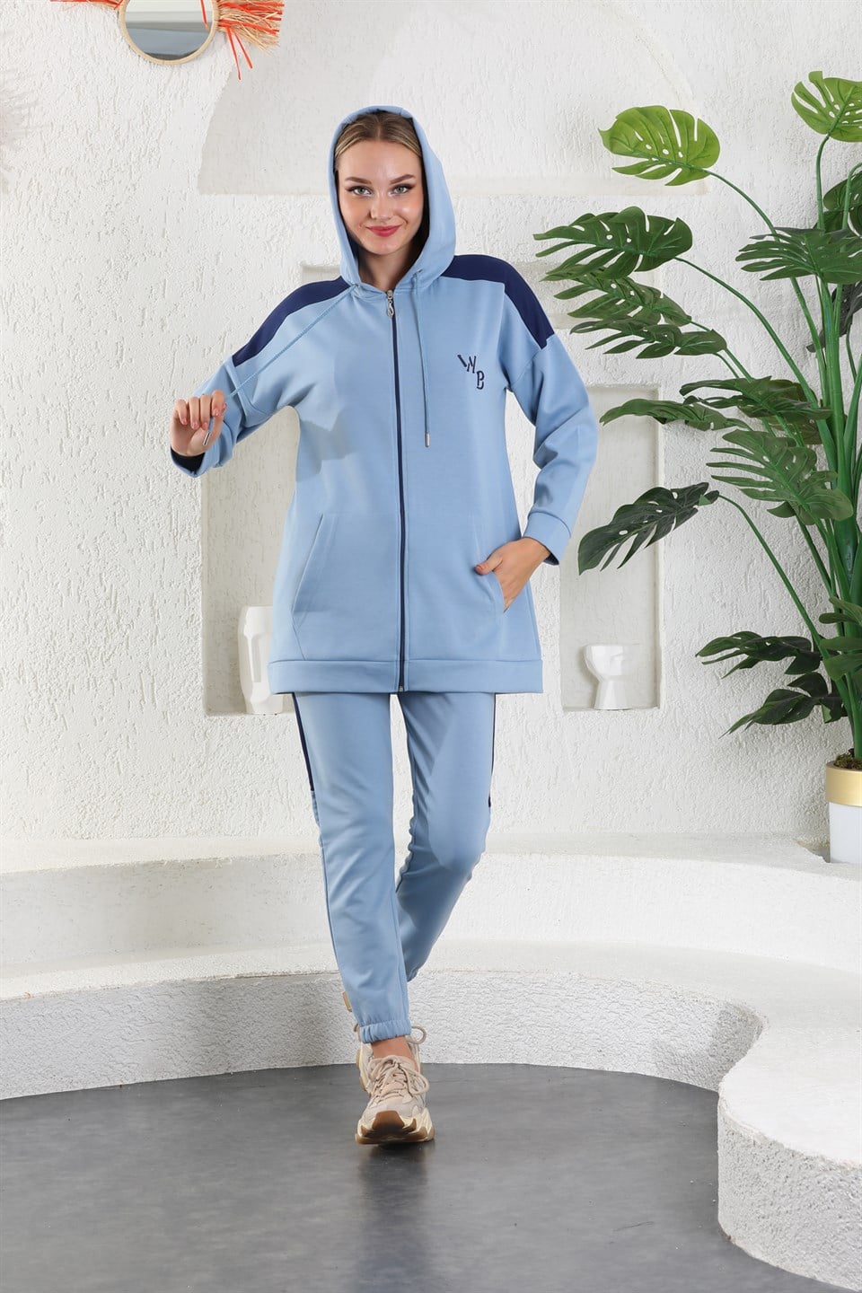 614-wb-bmavi-m - Bebe Mavi Kadın Sweatshirt Jogger Takımı  Kapşonlu Fermuarlı Cepli -westbound