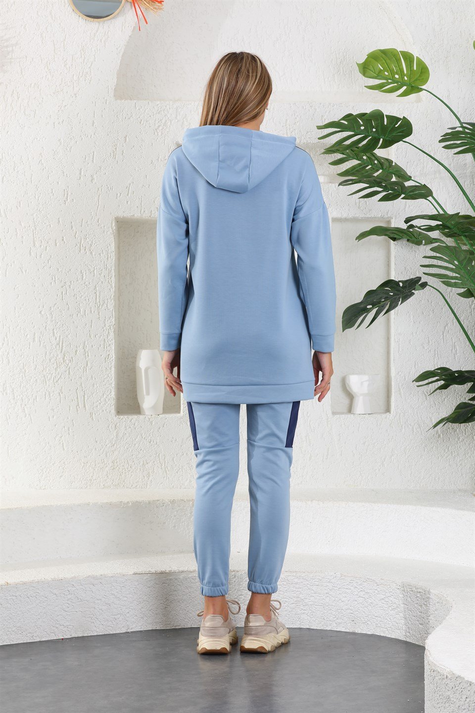 614-wb-bmavi-m - Bebe Mavi Kadın Sweatshirt Jogger Takımı  Kapşonlu Fermuarlı Cepli -westbound