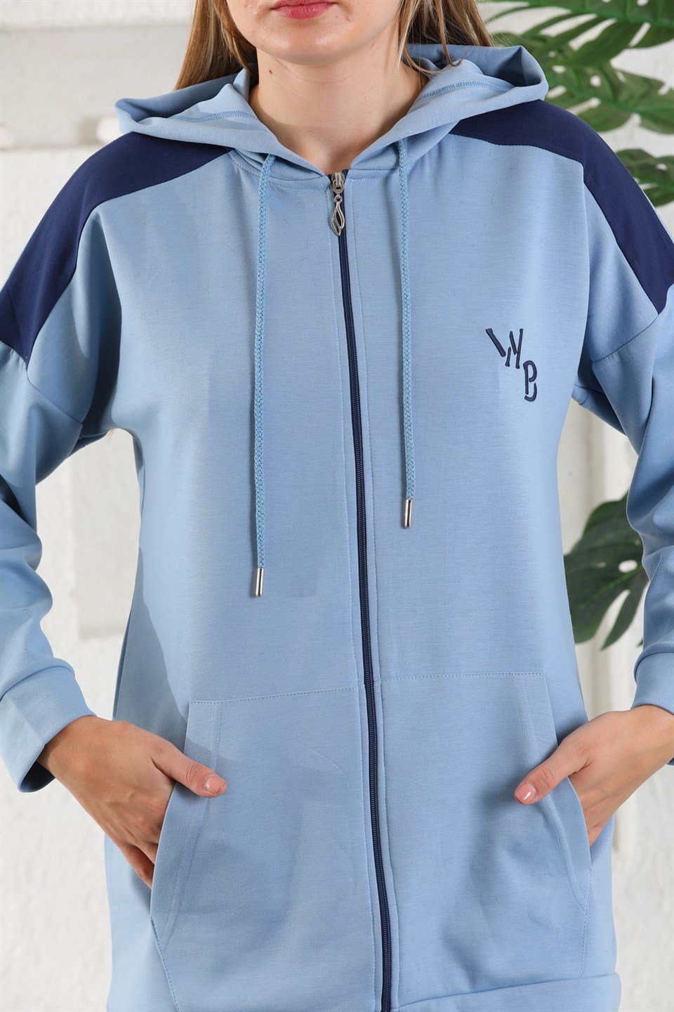 614-wb-bmavi-m - Bebe Mavi Kadın Sweatshirt Jogger Takımı  Kapşonlu Fermuarlı Cepli -westbound