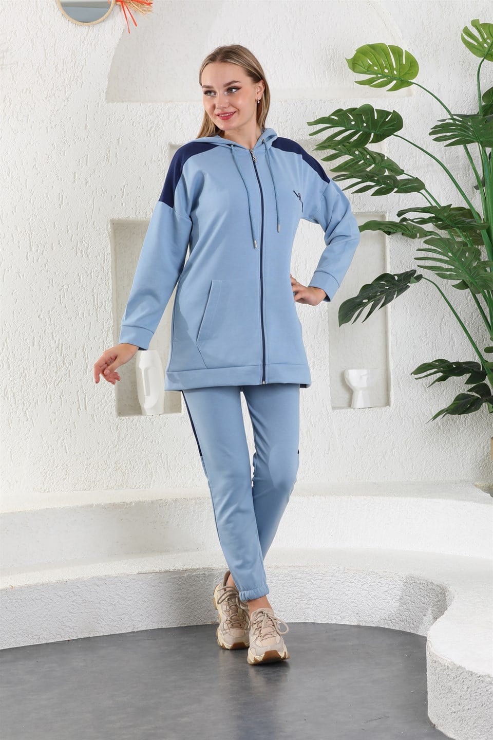 614-wb-bmavi-m - Bebe Mavi Kadın Sweatshirt Jogger Takımı  Kapşonlu Fermuarlı Cepli -westbound