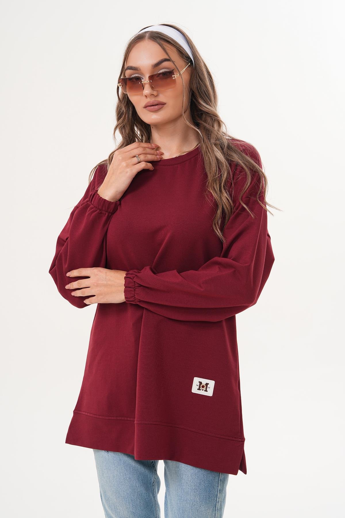 710 - Bordo Düz Basic Bisiklet Yaka Uzun Kol Kadın Sweatshirt Tunik 710 -westbound