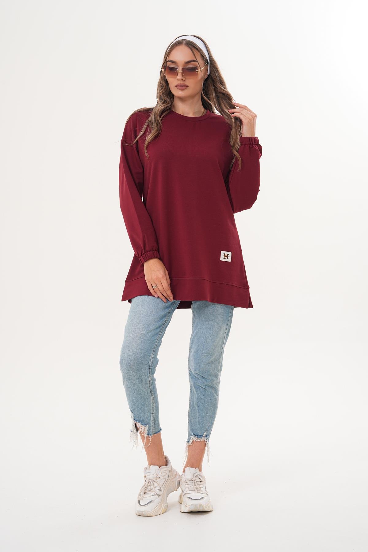 710 - Bordo Düz Basic Bisiklet Yaka Uzun Kol Kadın Sweatshirt Tunik 710 -westbound