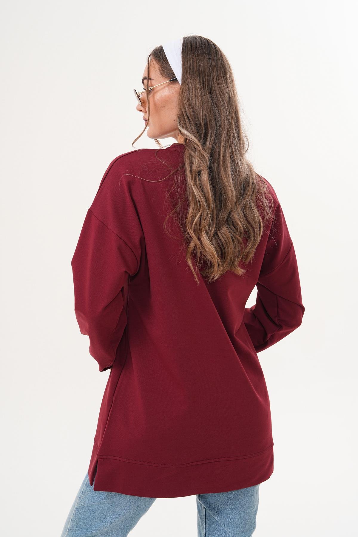 710 - Bordo Düz Basic Bisiklet Yaka Uzun Kol Kadın Sweatshirt Tunik 710 -westbound