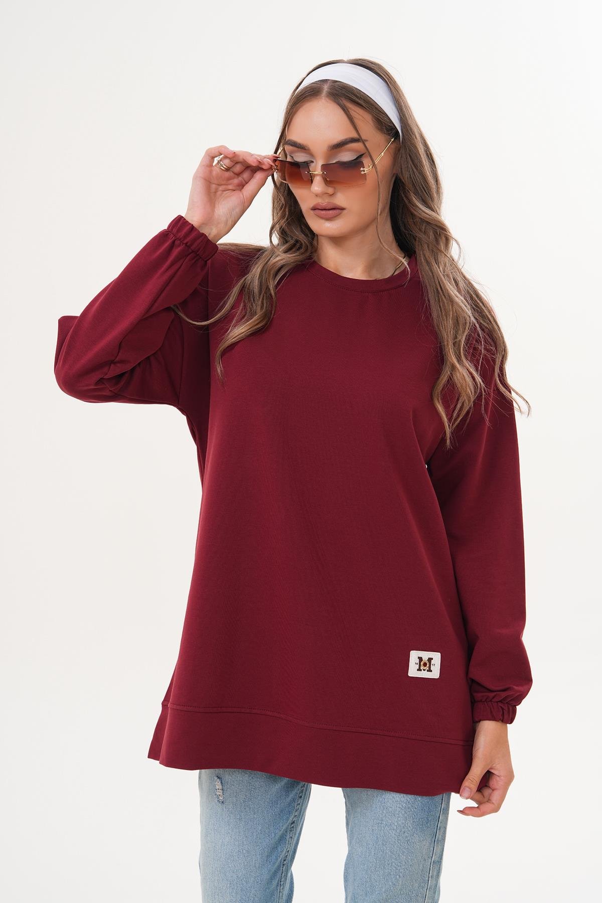 710 - Bordo Düz Basic Bisiklet Yaka Uzun Kol Kadın Sweatshirt Tunik 710 -westbound