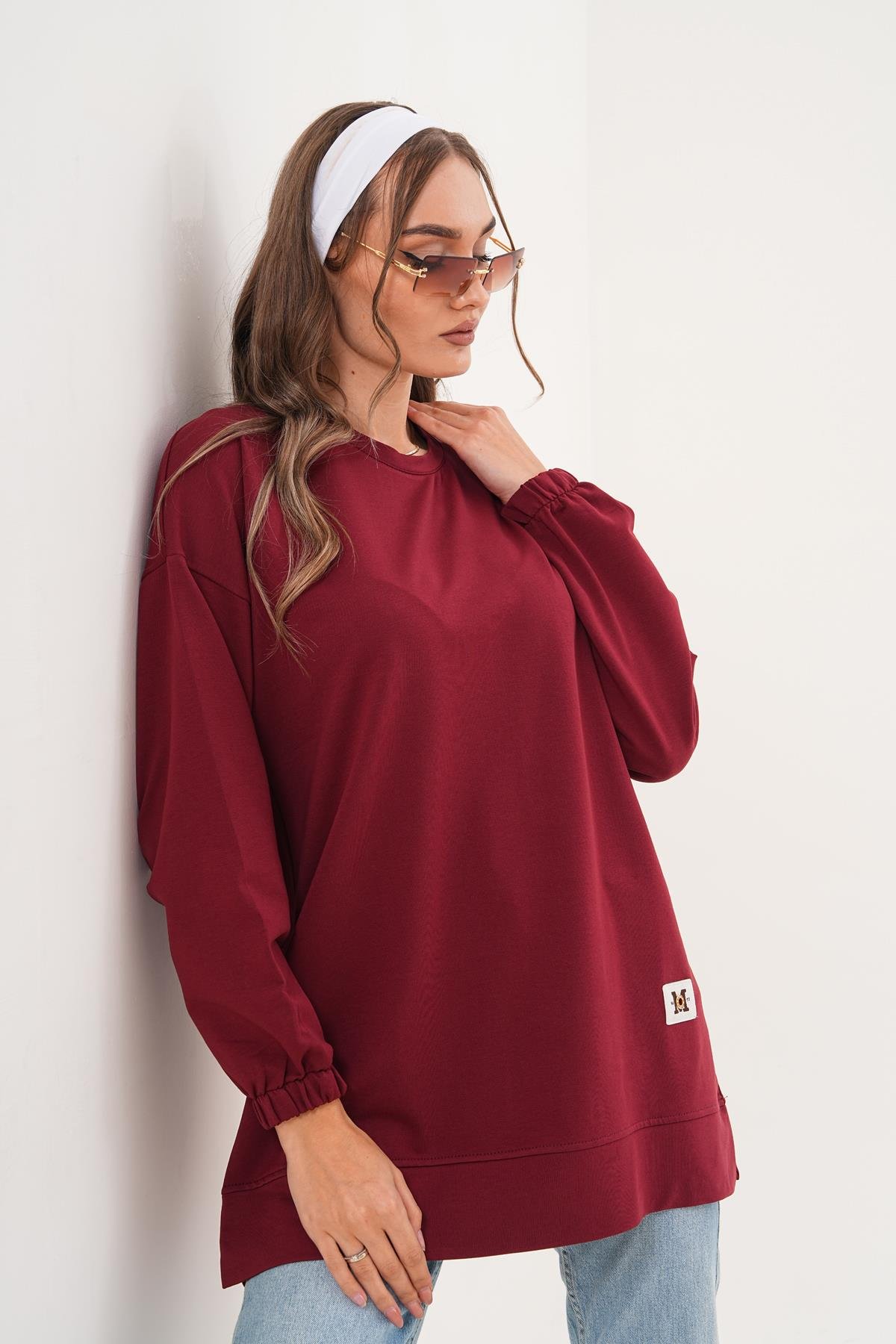 710 - Bordo Düz Basic Bisiklet Yaka Uzun Kol Kadın Sweatshirt Tunik 710 -westbound