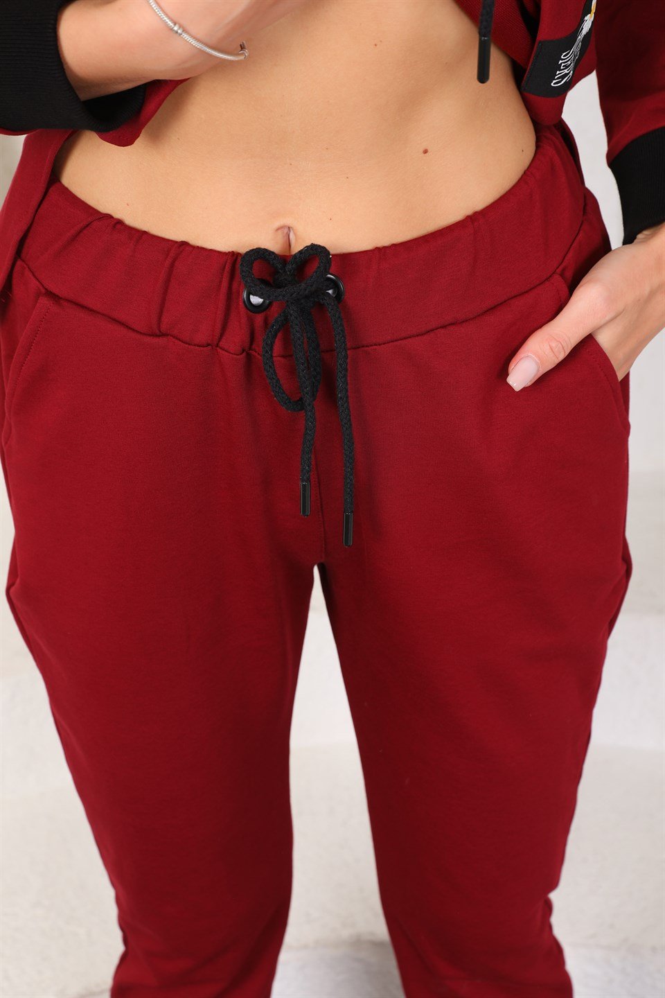 610--2-s - Bordo Renk Kadın Kapüşonlu Sweatshirt - Jogger  Spor Takım Eşofman -westbound