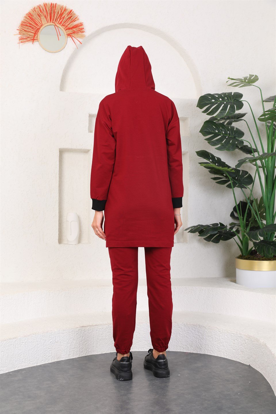 610--2-s - Bordo Renk Kadın Kapüşonlu Sweatshirt - Jogger  Spor Takım Eşofman -westbound