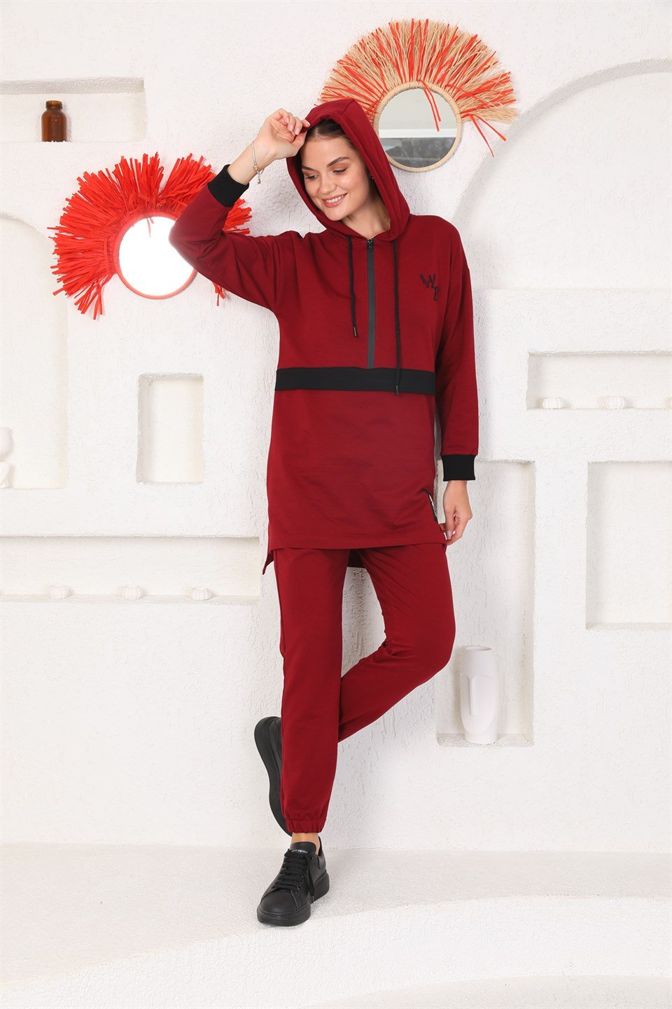 610--2-s - Bordo Renk Kadın Kapüşonlu Sweatshirt - Jogger  Spor Takım Eşofman -westbound