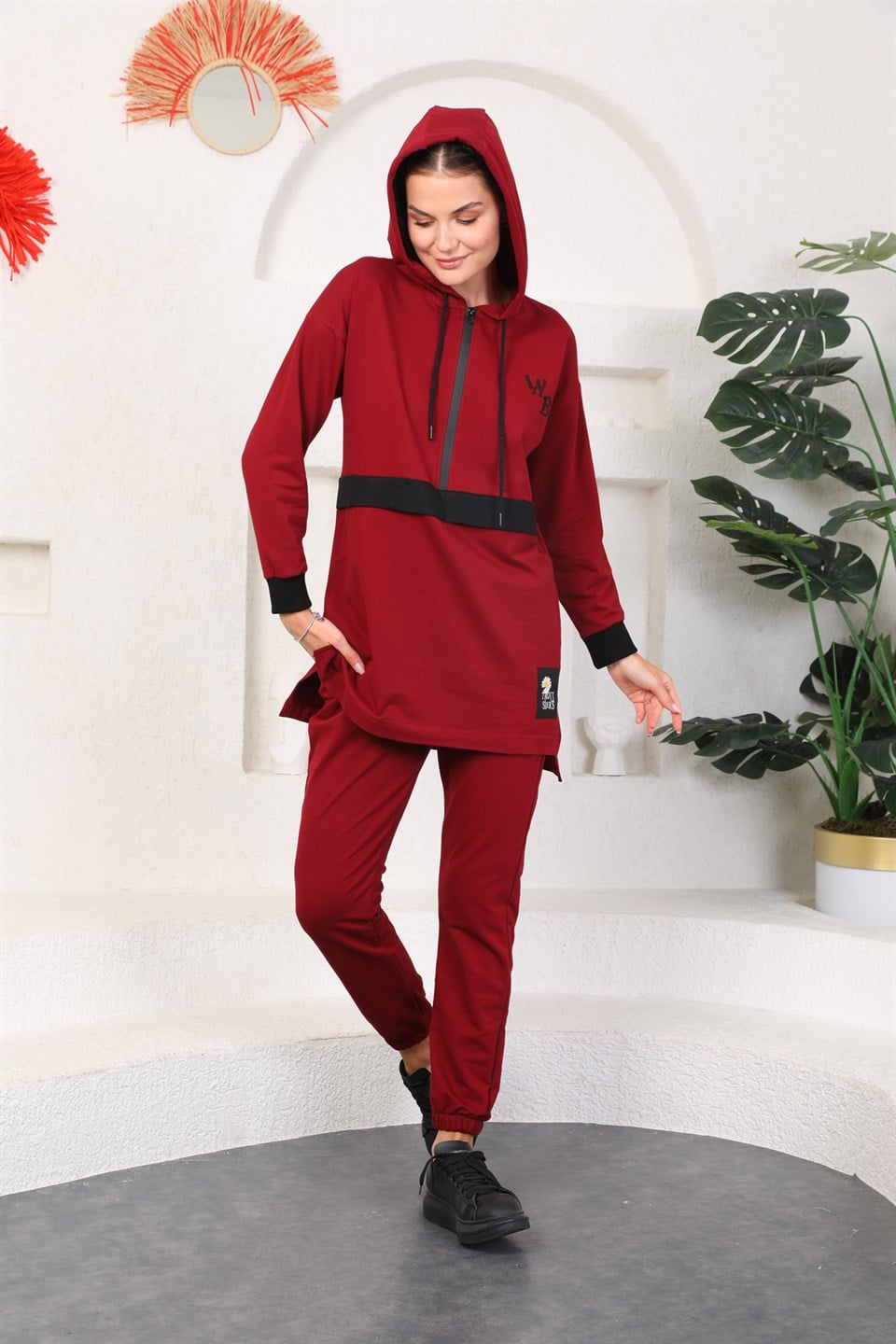 610--2-s - Bordo Renk Kadın Kapüşonlu Sweatshirt - Jogger  Spor Takım Eşofman -westbound