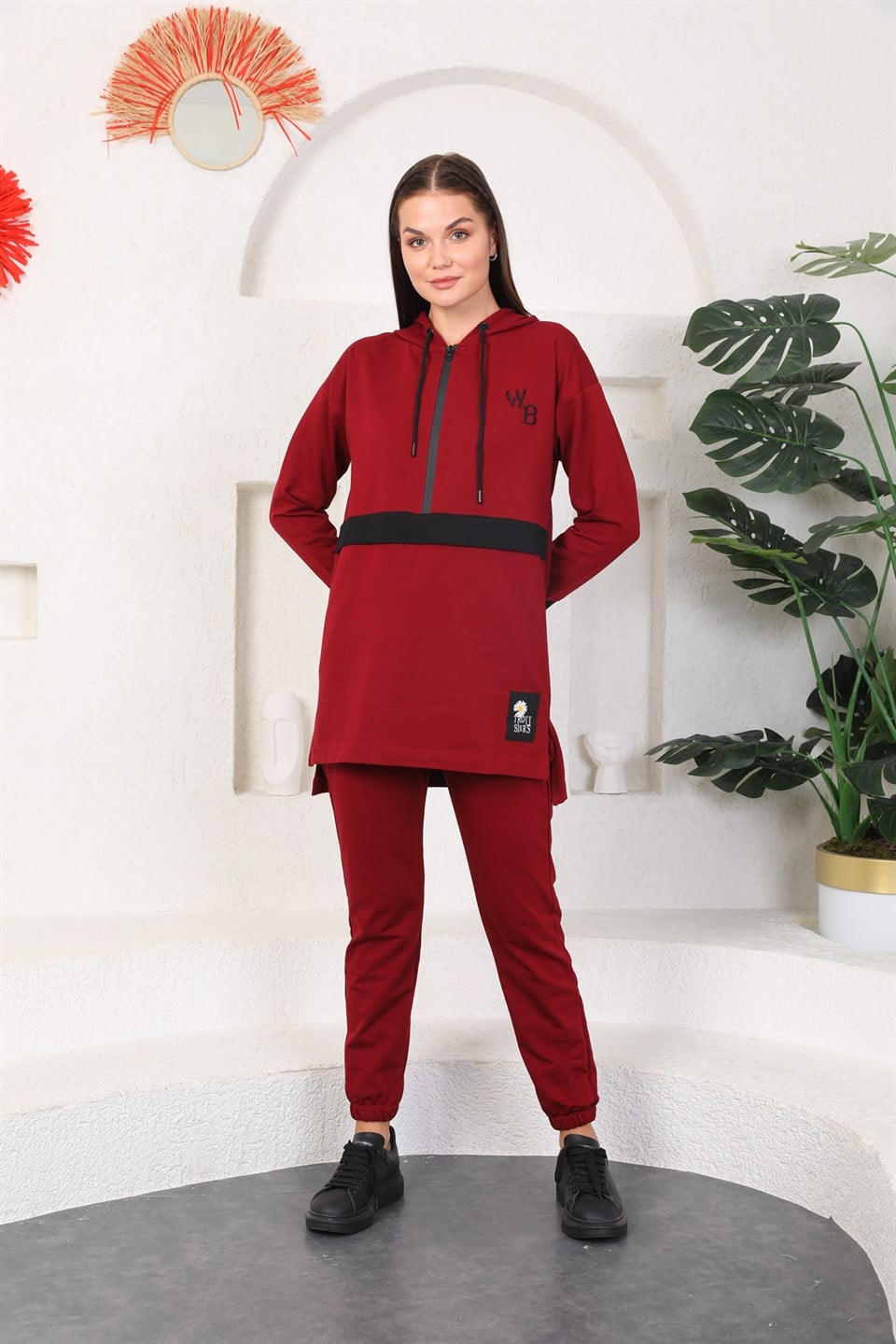 610--2-s - Bordo Renk Kadın Kapüşonlu Sweatshirt - Jogger  Spor Takım Eşofman -westbound