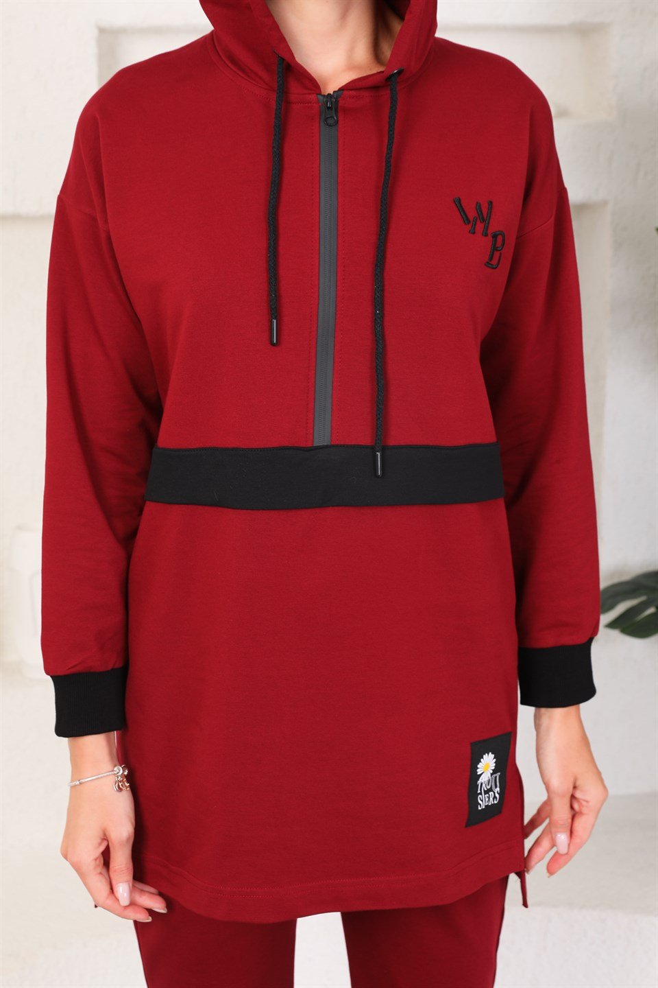 610--2-s - Bordo Renk Kadın Kapüşonlu Sweatshirt - Jogger  Spor Takım Eşofman -westbound
