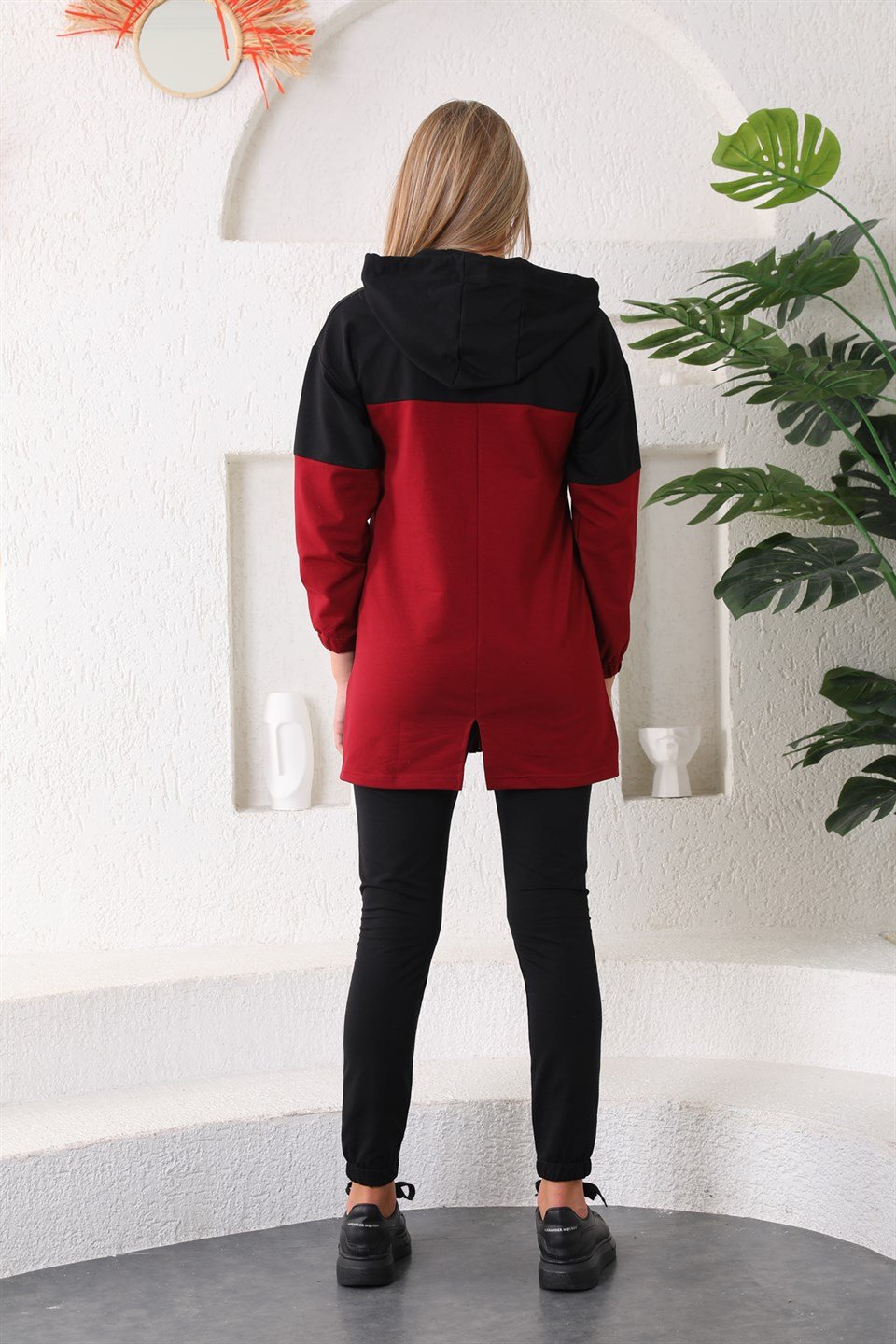wb612-1-xxl - Bordo Siyah Kadın Kapüşonlu Fermuarlı Sweatshirt - Jogger Eşofman Takımı  -westbound