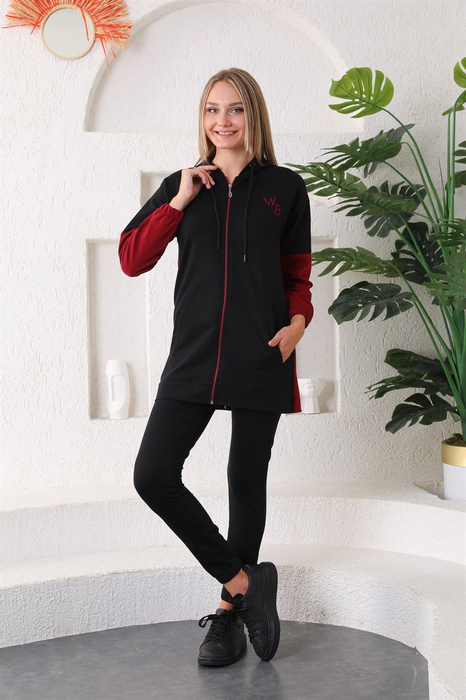 wb612-1-xxl - Bordo Siyah Kadın Kapüşonlu Fermuarlı Sweatshirt - Jogger Eşofman Takımı  -westbound