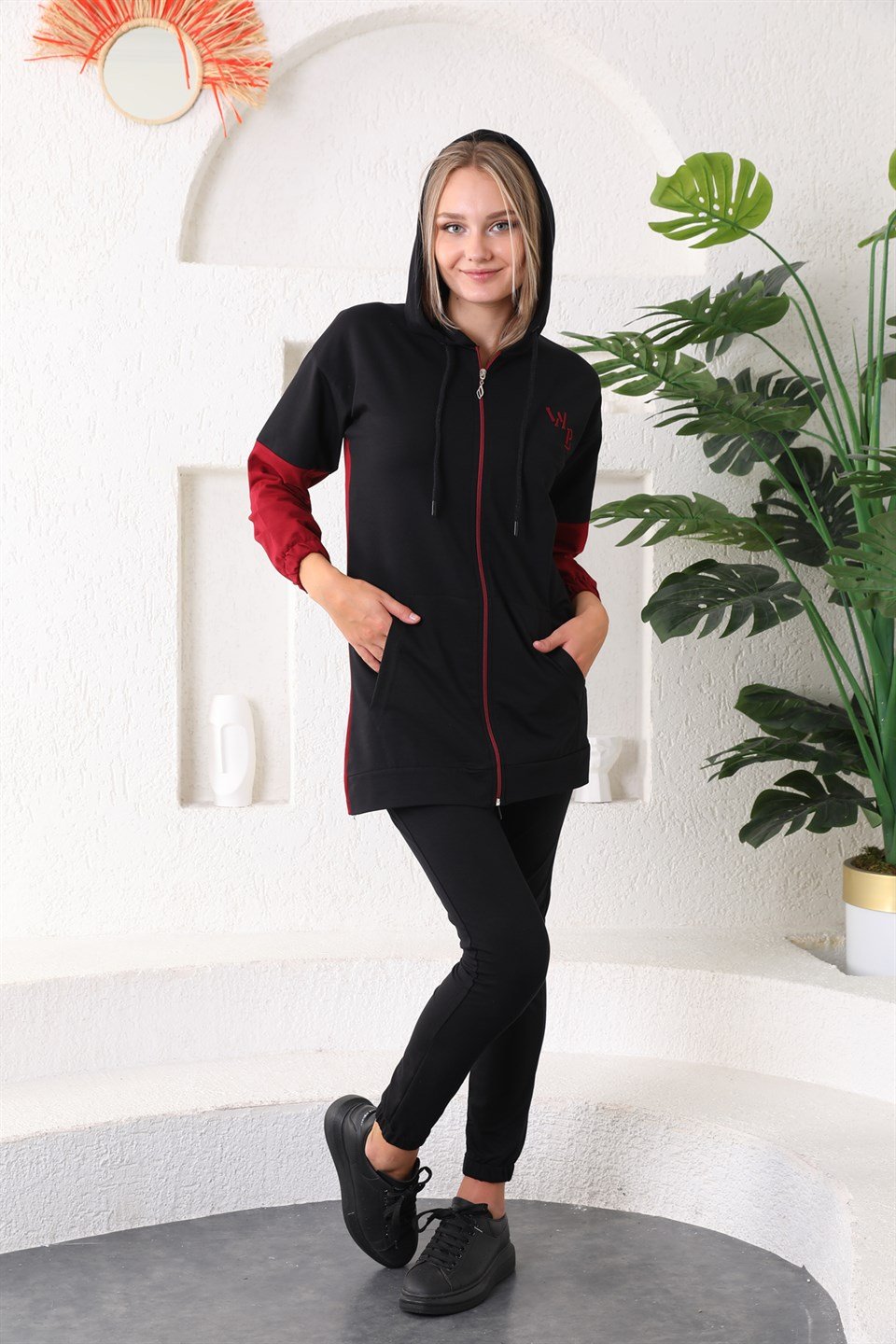 wb612-1-xxl - Bordo Siyah Kadın Kapüşonlu Fermuarlı Sweatshirt - Jogger Eşofman Takımı  -westbound