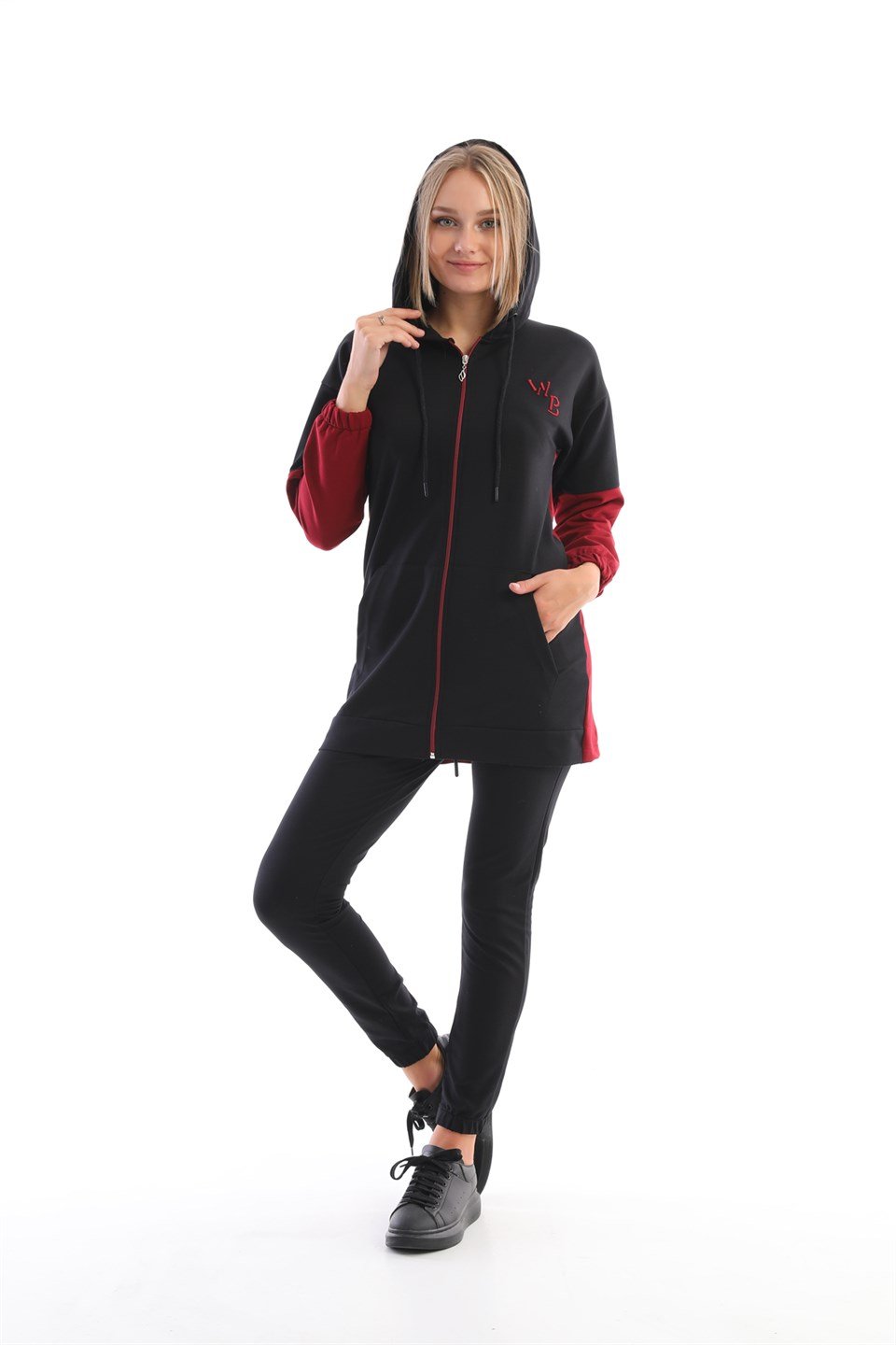 wb612-1-xxl - Bordo Siyah Kadın Kapüşonlu Fermuarlı Sweatshirt - Jogger Eşofman Takımı  -westbound