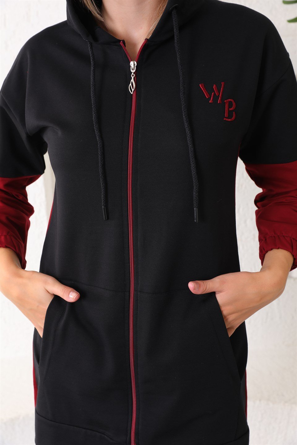wb612-1-xxl - Bordo Siyah Kadın Kapüşonlu Fermuarlı Sweatshirt - Jogger Eşofman Takımı  -westbound
