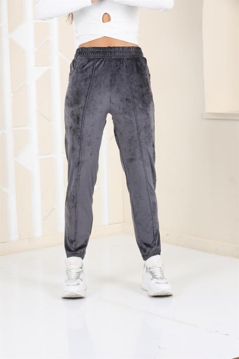 176-Fume-L - Büyük Beden Füme  Kadife  Kadın Eşofman Altı - Pijama - Jogger Çizgi ŞeritLİ -westbound